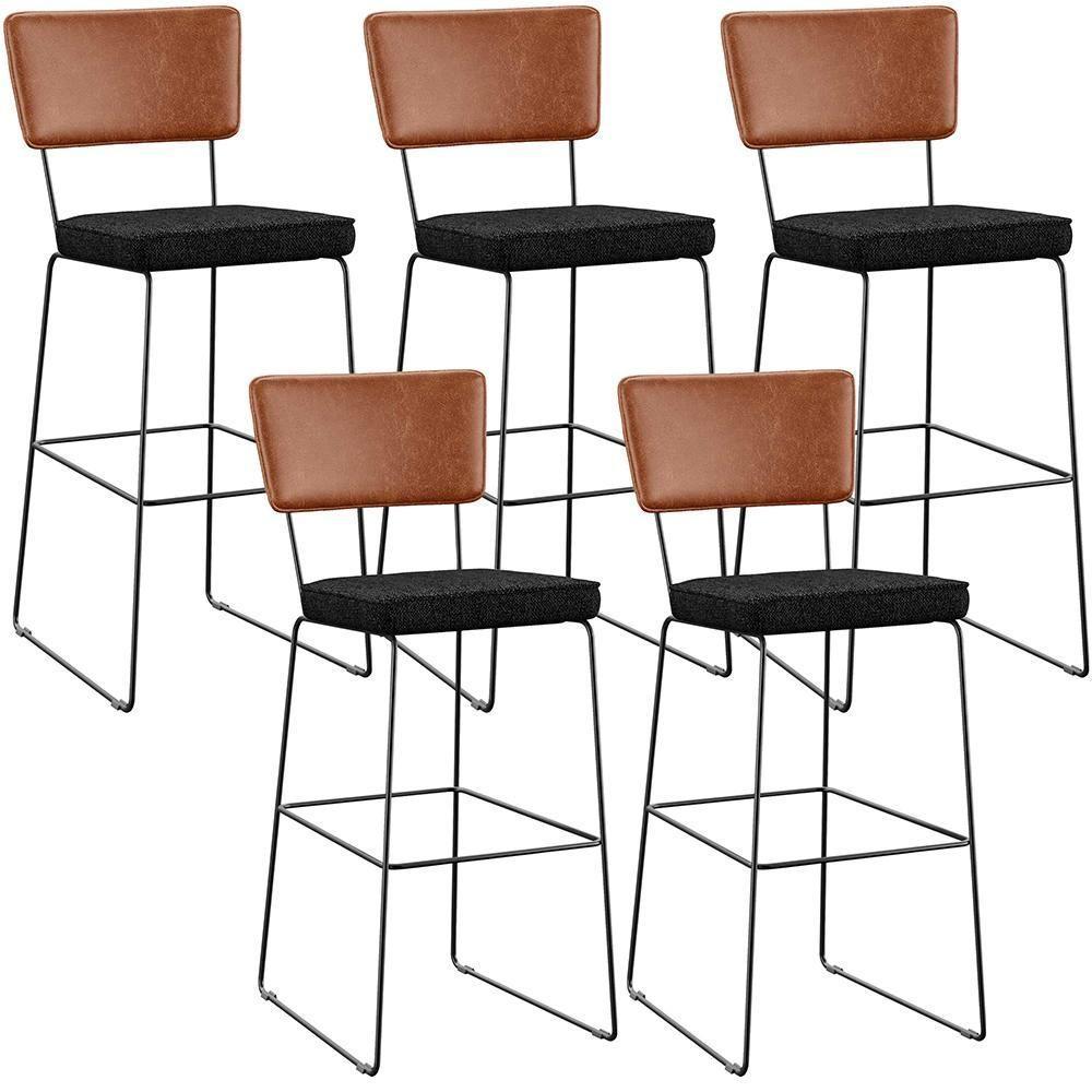 Kit 05 Banquetas Altas Cozinha Camel Linho Chumbo - 1