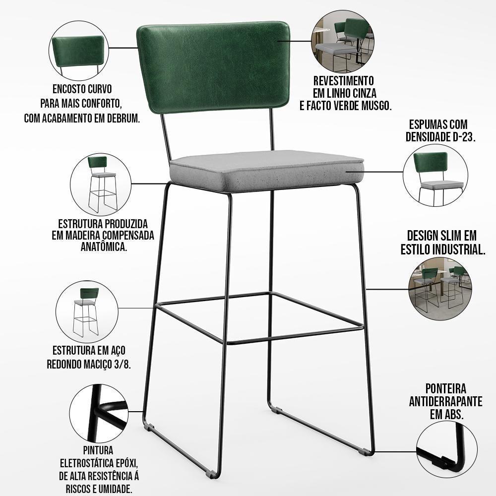 Kit 04 Banquetas Altas Facto Verde Musgo Linho Cinza - 7