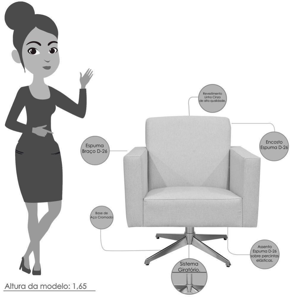 Poltrona Com Base Giratória Para Sala De Estar Linho Cinza - 6