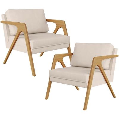 Kit 02 Poltronas Estrutura De Madeira Suede Bege