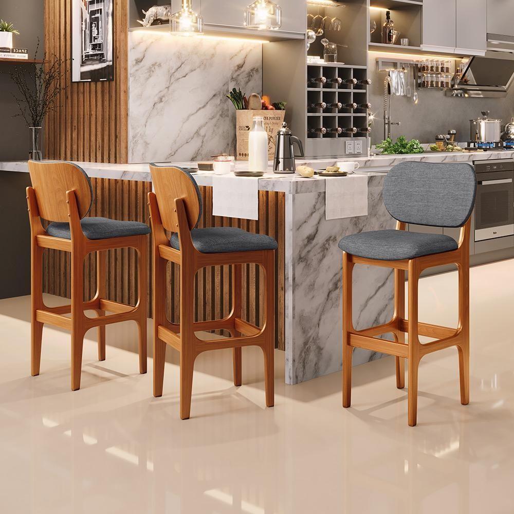 Kit 2 Banquetas Alta Betta Imbuia Linho Cinza Escuro - 8