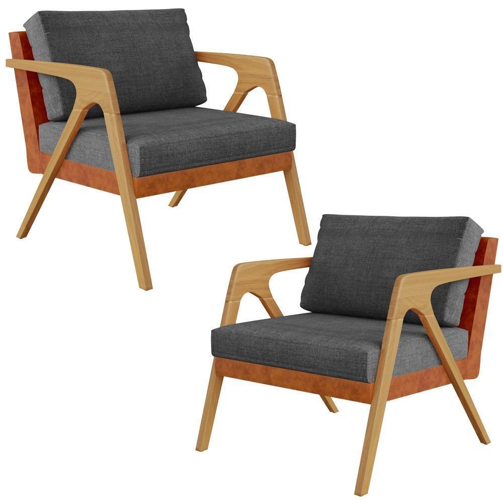 Kit 02 Poltronas Sala L02 Camel Linho Cinza Escuro - 1