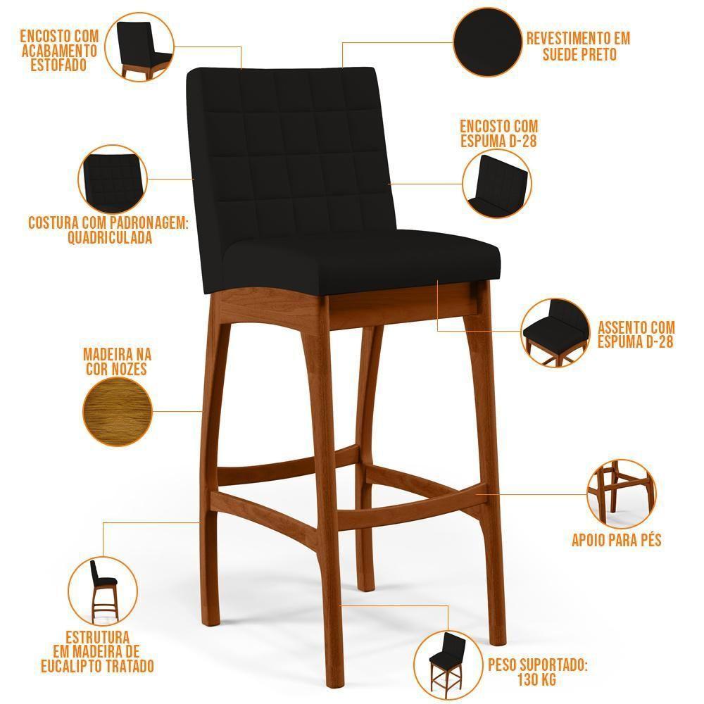 Kit 06 Banquetas Altas Para Cozinha B04 Suede Preto - 7
