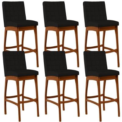 Kit 06 Banquetas Altas Mila B04 Assento Tecido Estrutura Madeira Encosto Fixo Preto para Cozinha