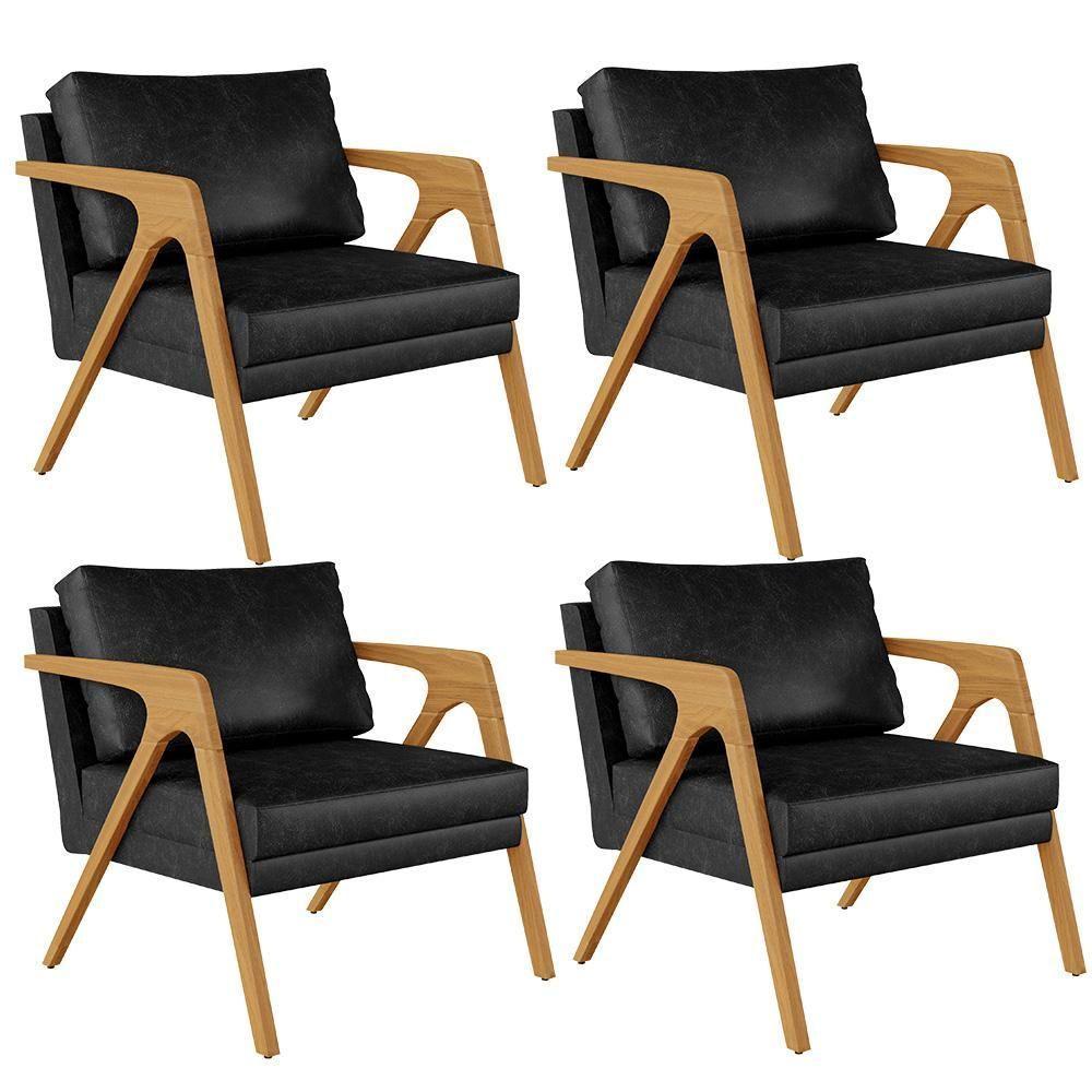 Kit 04 Poltronas Estrutura Madeira L02 Preto Brilho - 1