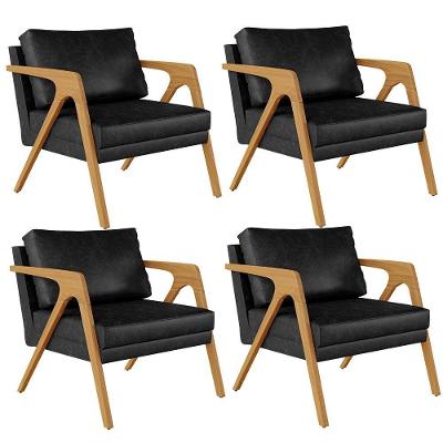 Kit 04 Poltronas Pietra Estrutura Madeira Couro Sintético Preto Lyam Decor