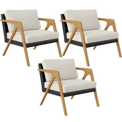 Kit 3 Poltronas Decorativas Pietra L02 Couríssimo Preto Linho Champagne Lyam Decor