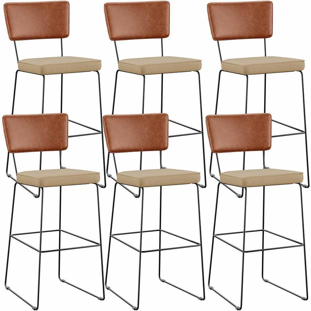 Kit 06 Banquetas Altas Allana L02 Camel Linho Bege Escuro - 1