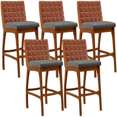 Kit 05 Banquetas Altas Mila Camel Linho Cinza Escuro
