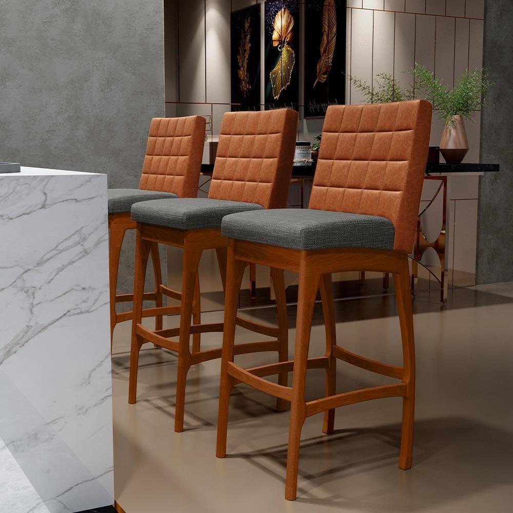 Kit 06 Banquetas Altas Mila Camel Linho Cinza Escuro - 9