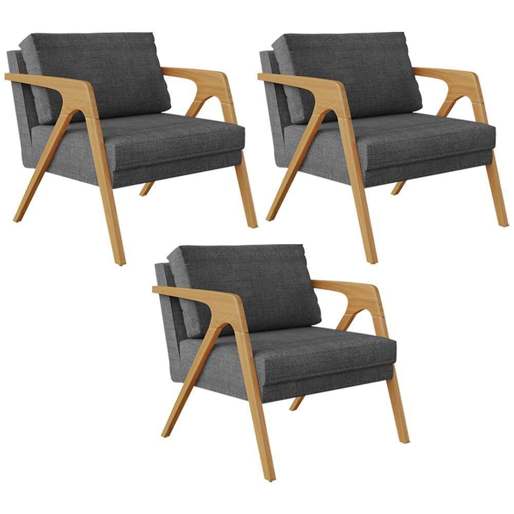 Kit 03 Poltrona Pietra Estrutura L02 Linho Cinza Escuro - 1