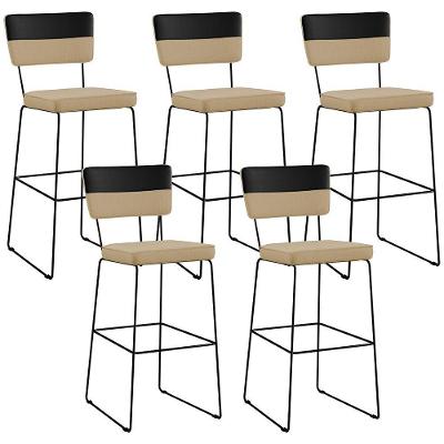 Kit 05 Banquetas Altas Faixa Corano Preto Linho Bege Escuro