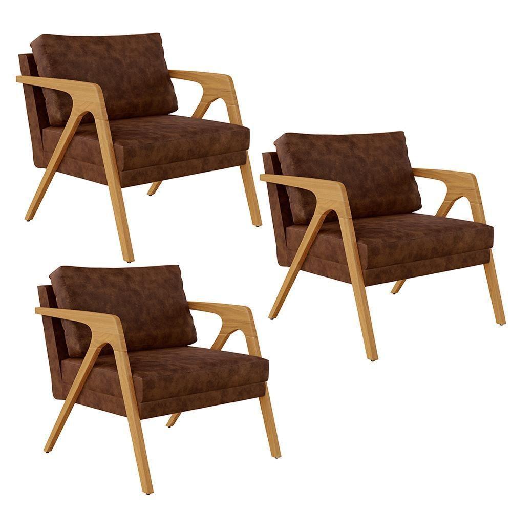 Kit 03 Poltronas Com Estrutura Madeira L02 Marrom - 1