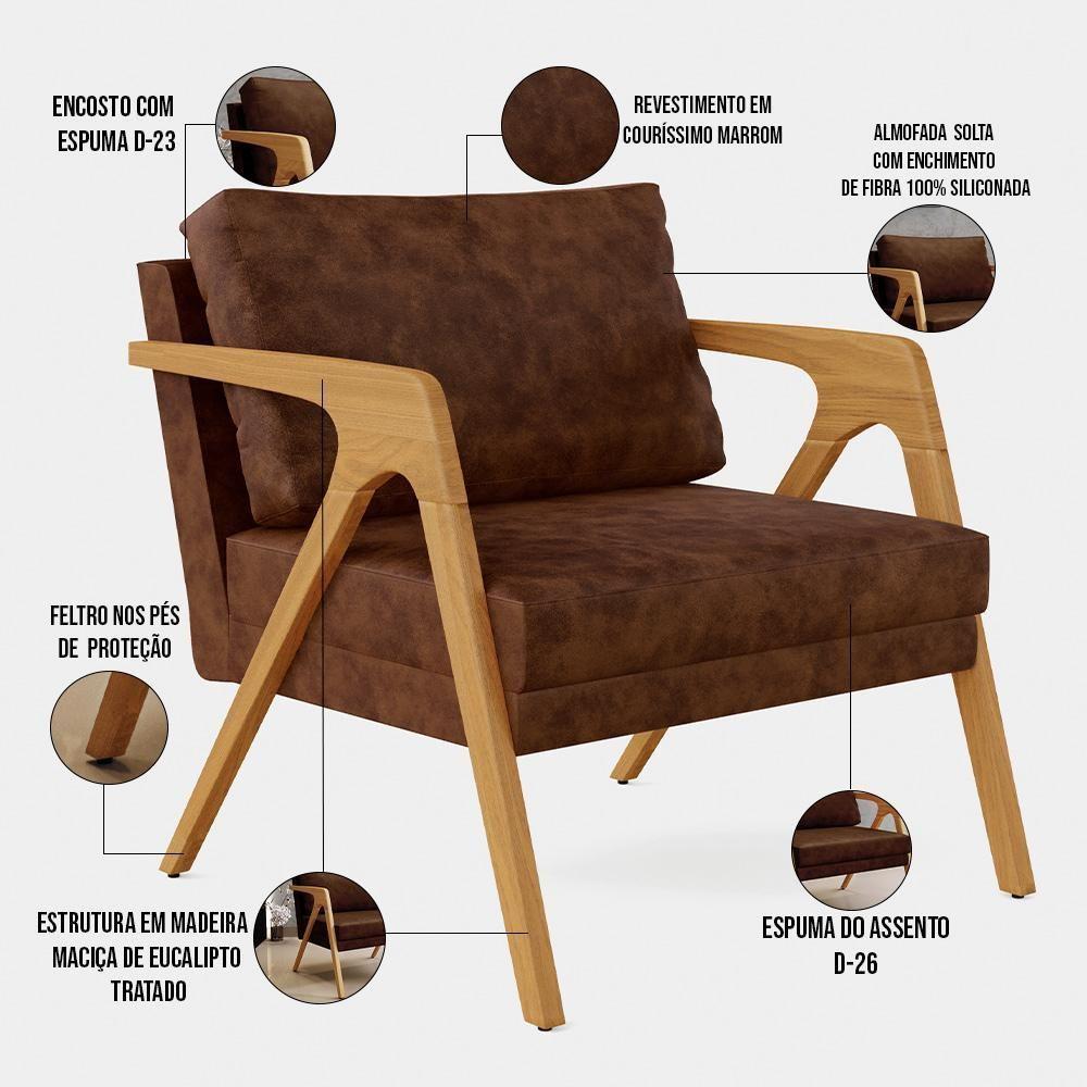 Kit 03 Poltronas Com Estrutura Madeira L02 Marrom - 6