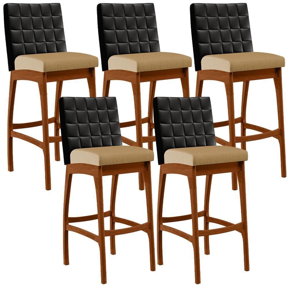 Kit 05 Banquetas Altas Mila Preto Linho Bege Escuro - 1