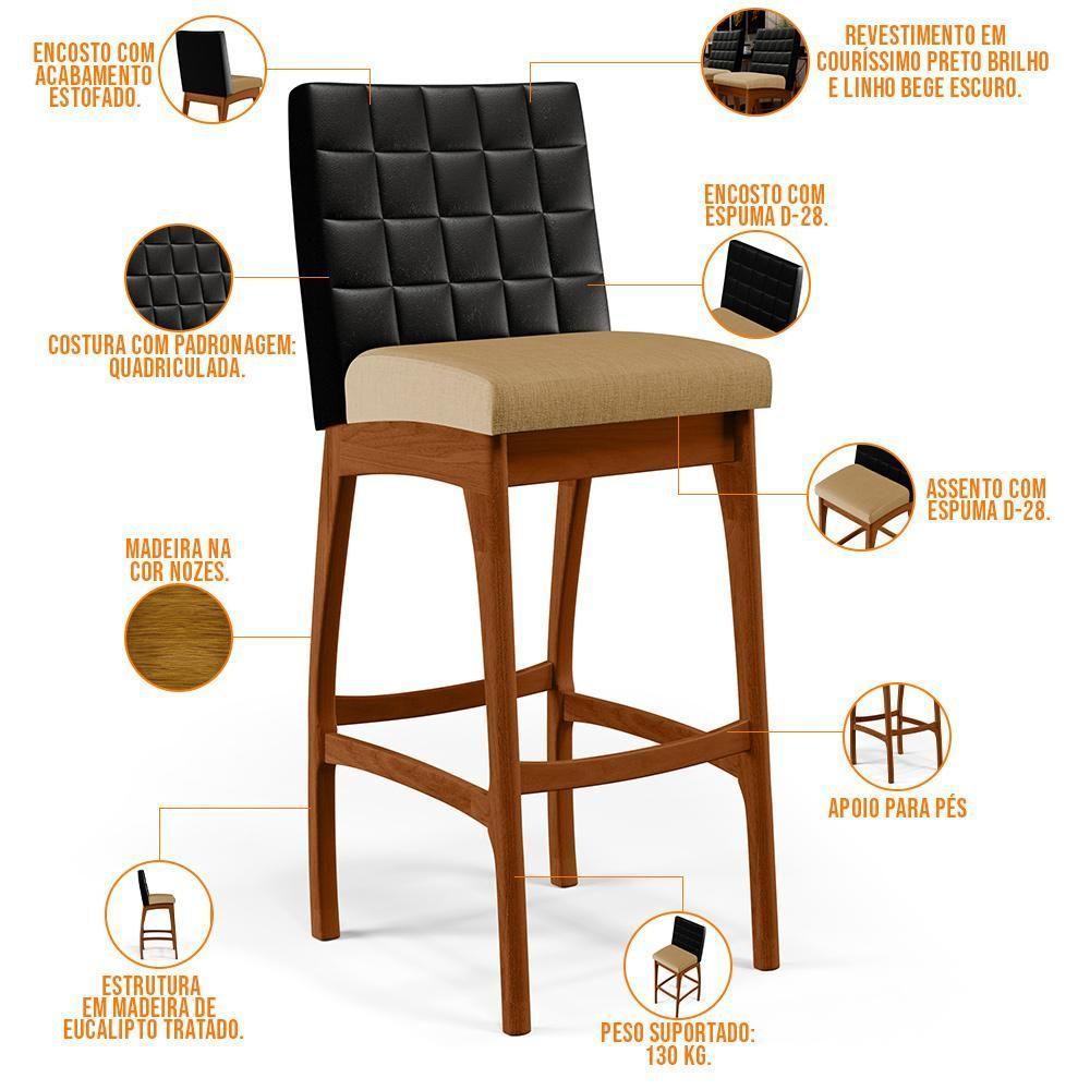 Kit 05 Banquetas Altas Mila Preto Linho Bege Escuro - 7