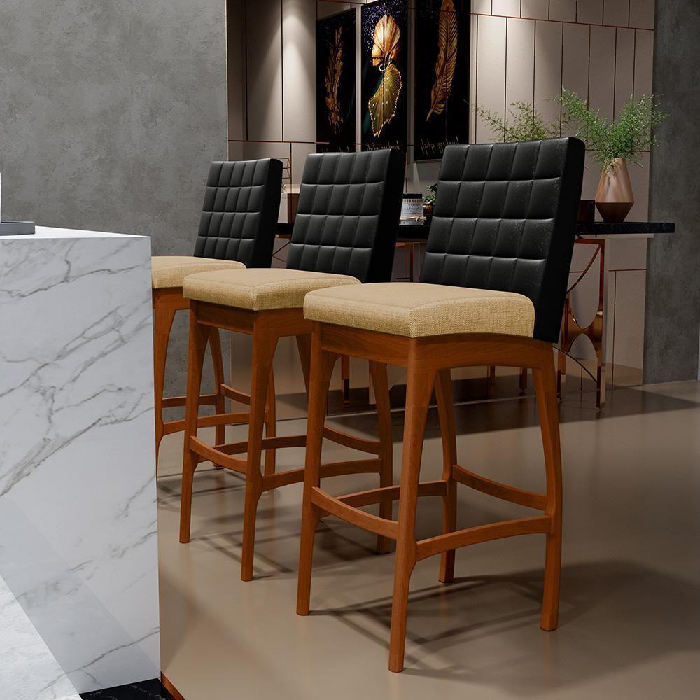 Kit 05 Banquetas Altas Mila Preto Linho Bege Escuro - 9