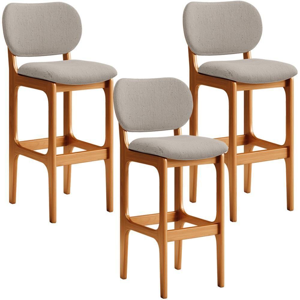 Kit 3 Banquetas Alta Betta Imbuia Linho Bege - 1