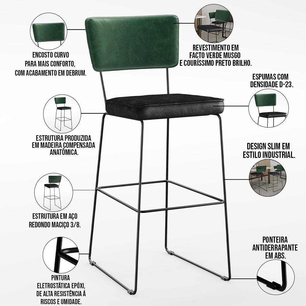 Kit 06 Banquetas Altas Allana L02 Facto Verde Musgo Preto - 7