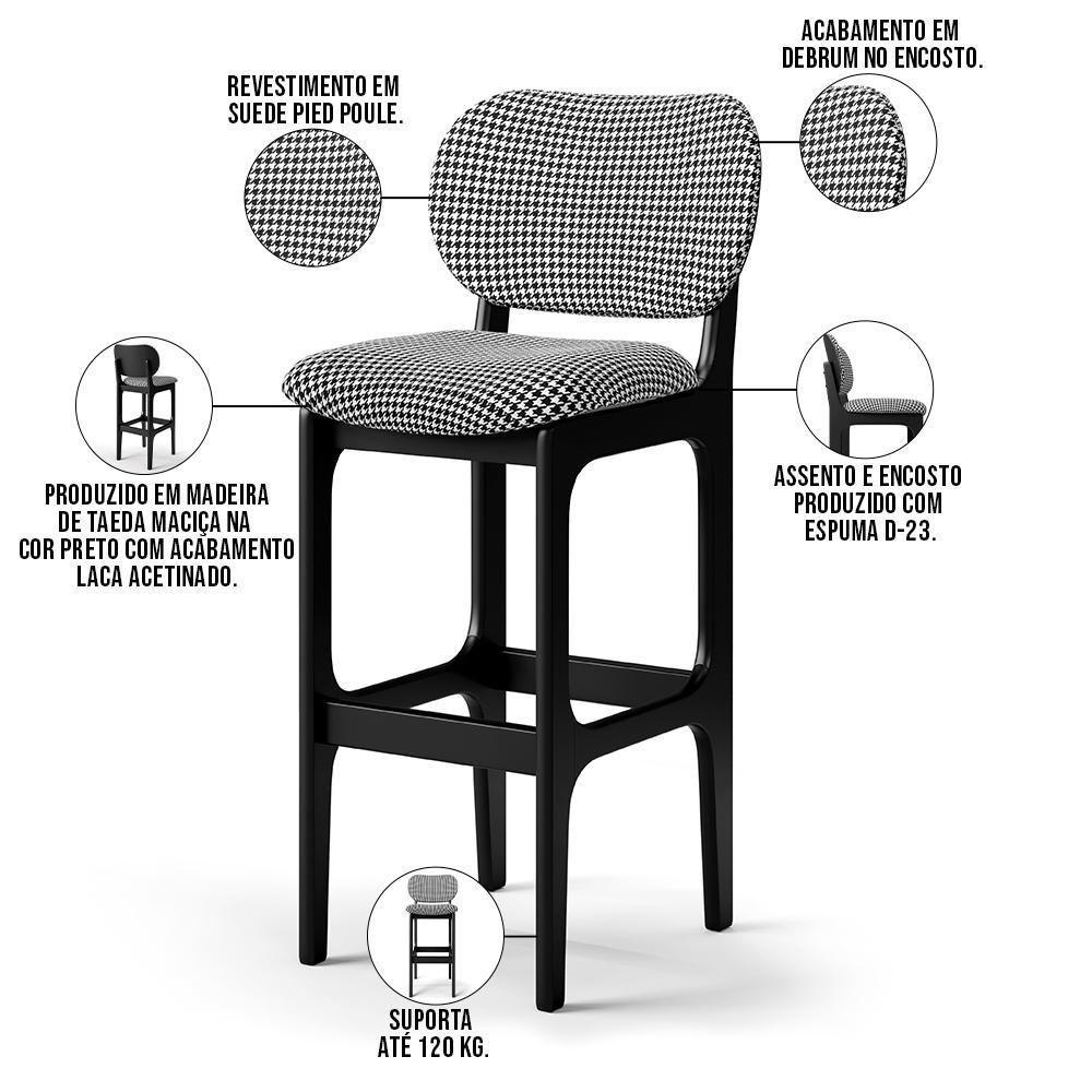 Kit 4 Banquetas Alta Betta Preto Suede Pied Poule - 6
