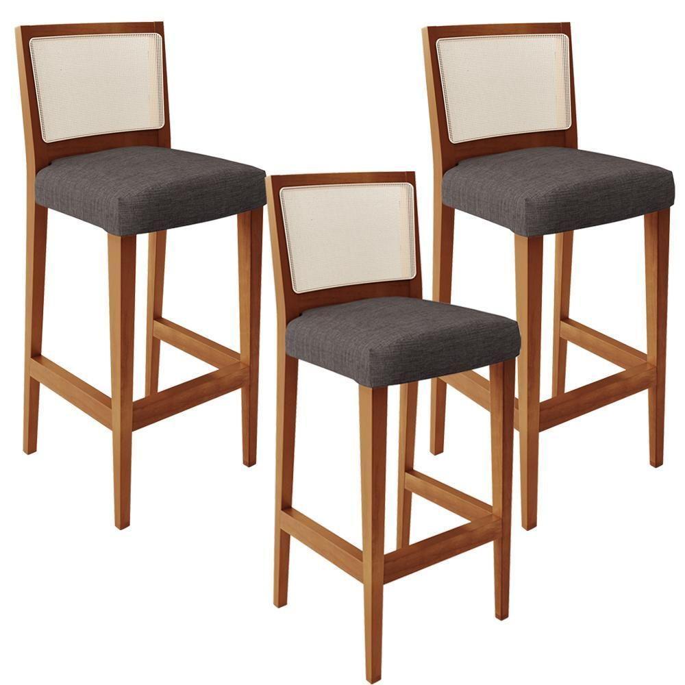 Kit 03 Banquetas Alta Branco Linho Cinza Escuro - 1