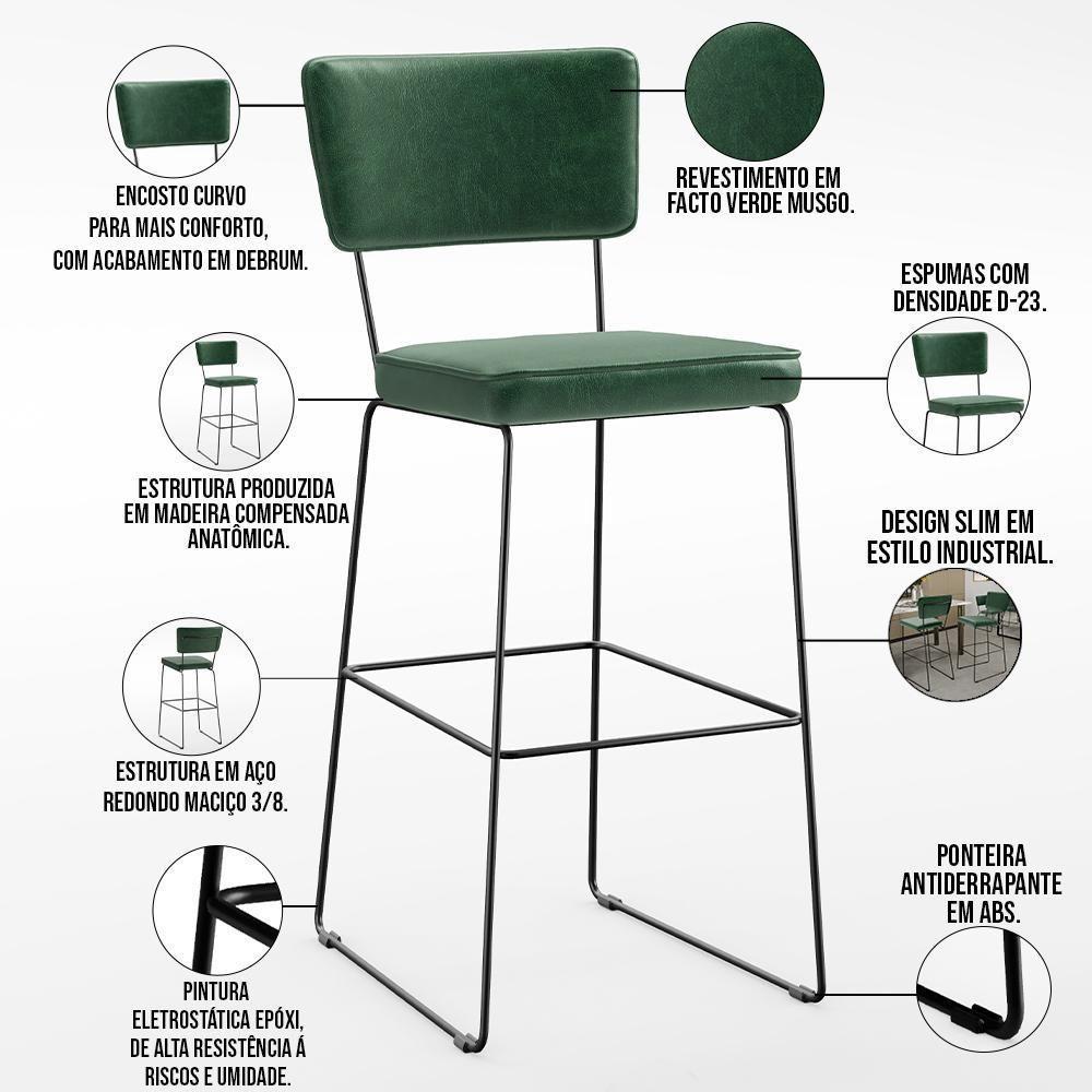 Kit 4 Banquetas Altas Base Em Aço Fixa Facto Verde Musgo - 7