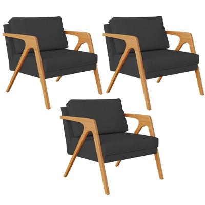 Kit 3 Poltronas Decorativas Pietra L02 Para Sala Suede Preto Lyam Decor