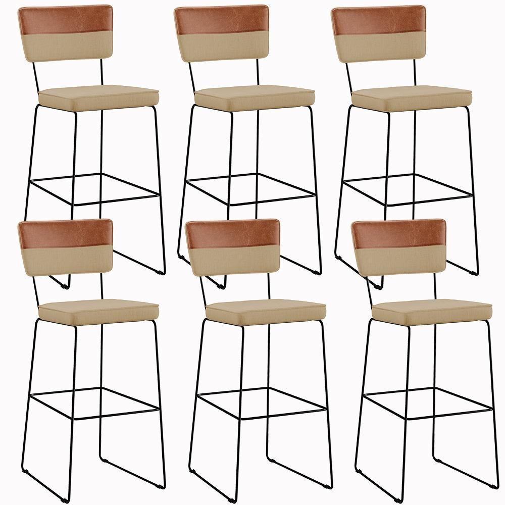 Kit 06 Banquetas Altas Faixa Camel Linho Bege Escuro - 1