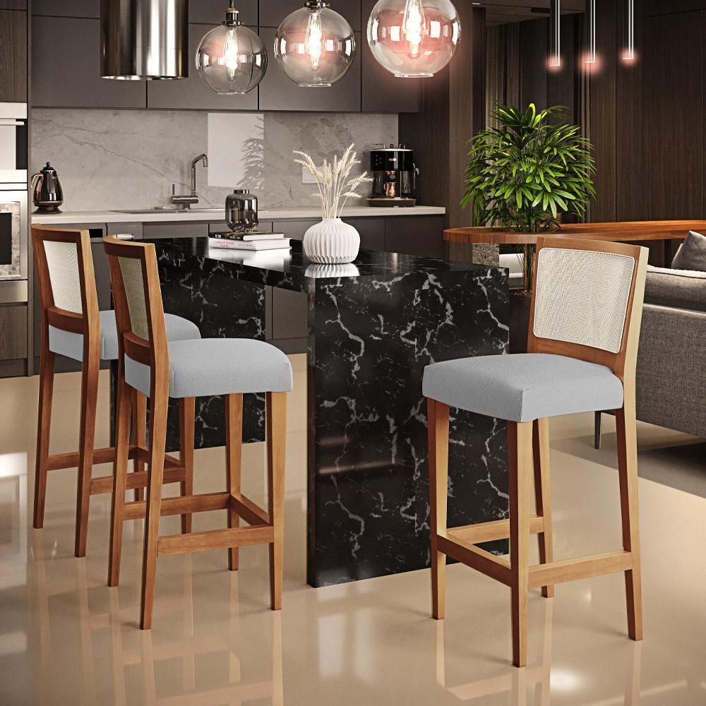 Kit 04 Banquetas Alta Branco Linho Cinza -lyam Decor - 8