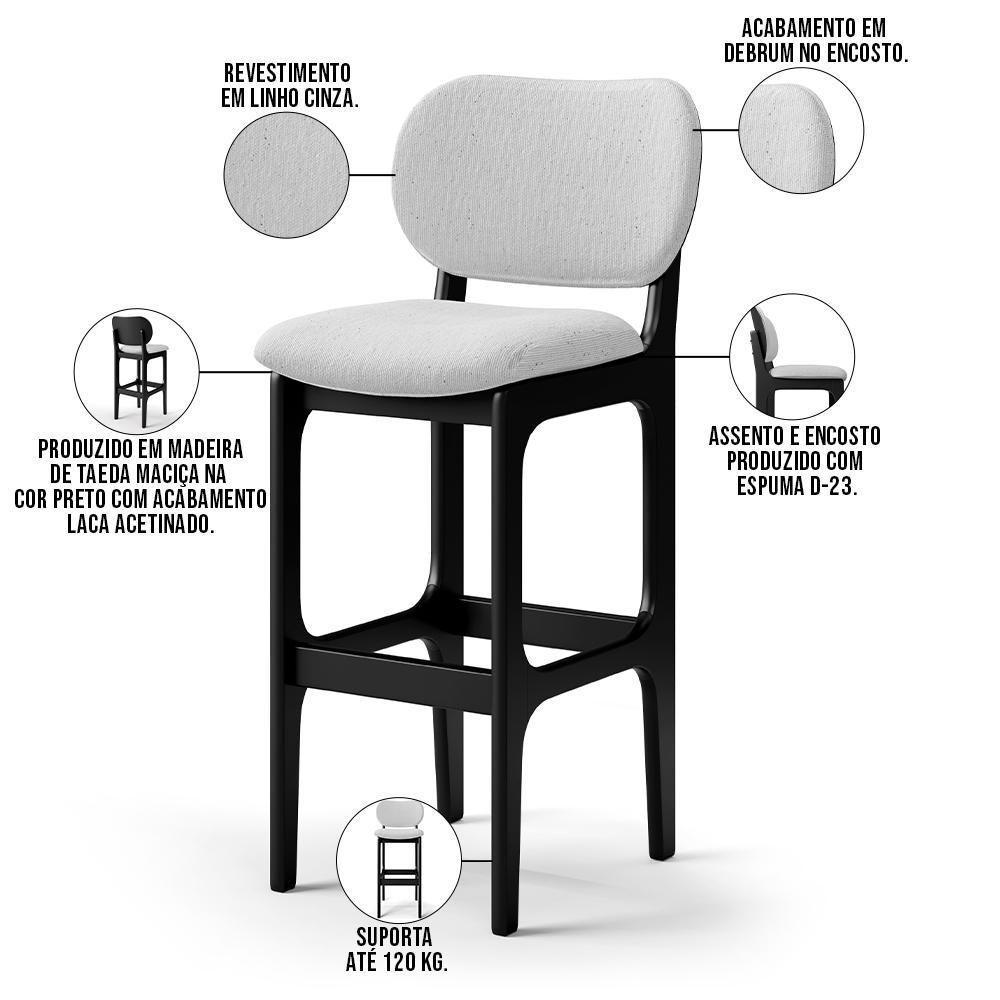 Kit 2 Banquetas Alta Betta Preto Linho Cinza - 6
