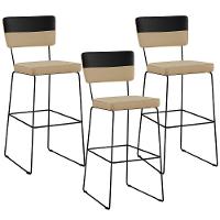 Kit 03 Banquetas Altas Faixa Corano Preto Linho Bege Escuro - 1