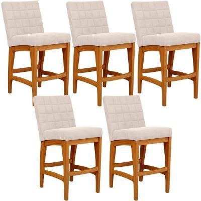 Kit 05 Banquetas Baixa Mila L02 Assento Tecido Base Fixa com Encosto Bege para Cozinha