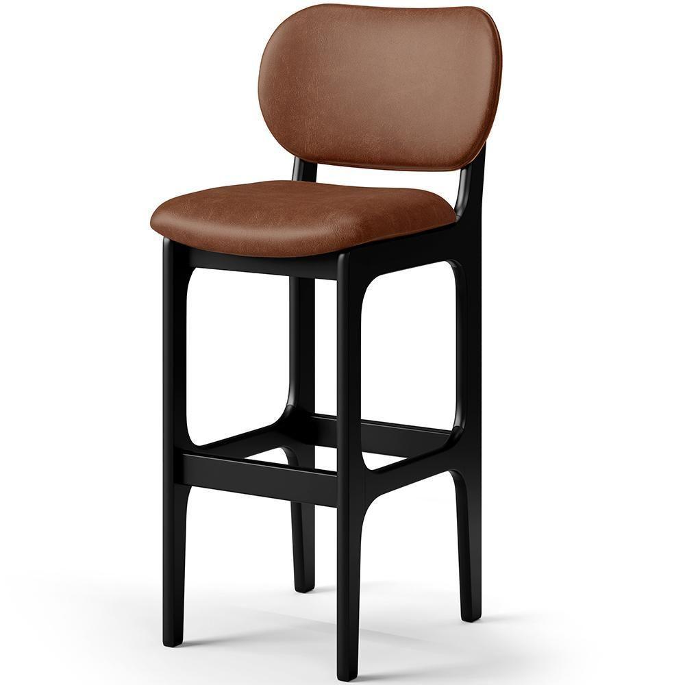 Banqueta Alta Para Cozinha Madeira Fixa Betta L02 Preto Couríssimo Marrom - Lyam Decor - 1