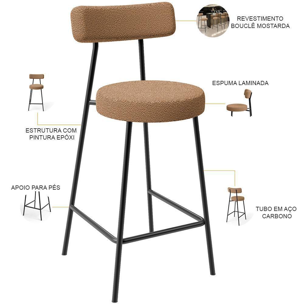 Kit 05 Banquetas Baixa Para Cozinha Sala De Jantar Bar Bancada Milão L02 Bouclê Mostarda - 7