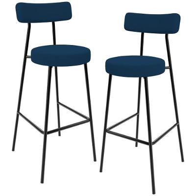 Kit 2 Banquetas Baixa Milão L02 Tecido Estrutura Aço Encosto Fixo Azul para Cozinha