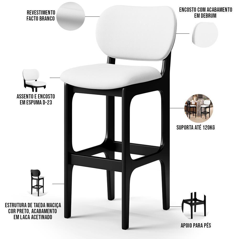 Banqueta Alta Para Cozinha Madeira Fixa Betta L02 Preto Facto Branco - Lyam Decor - 6