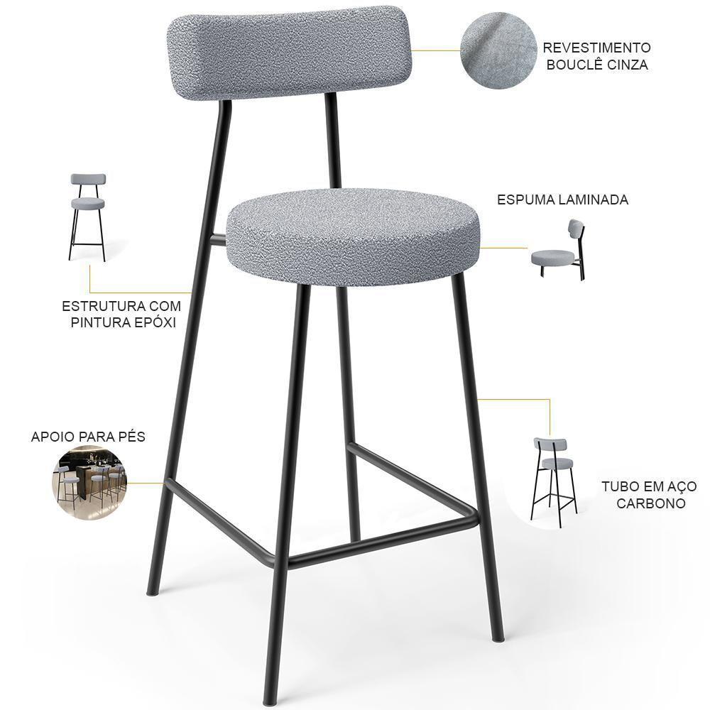 Banqueta Baixa Para Cozinha Sala De Jantar Bar Bancada Milão L02 Bouclê Cinza - Lyam Decor - 6