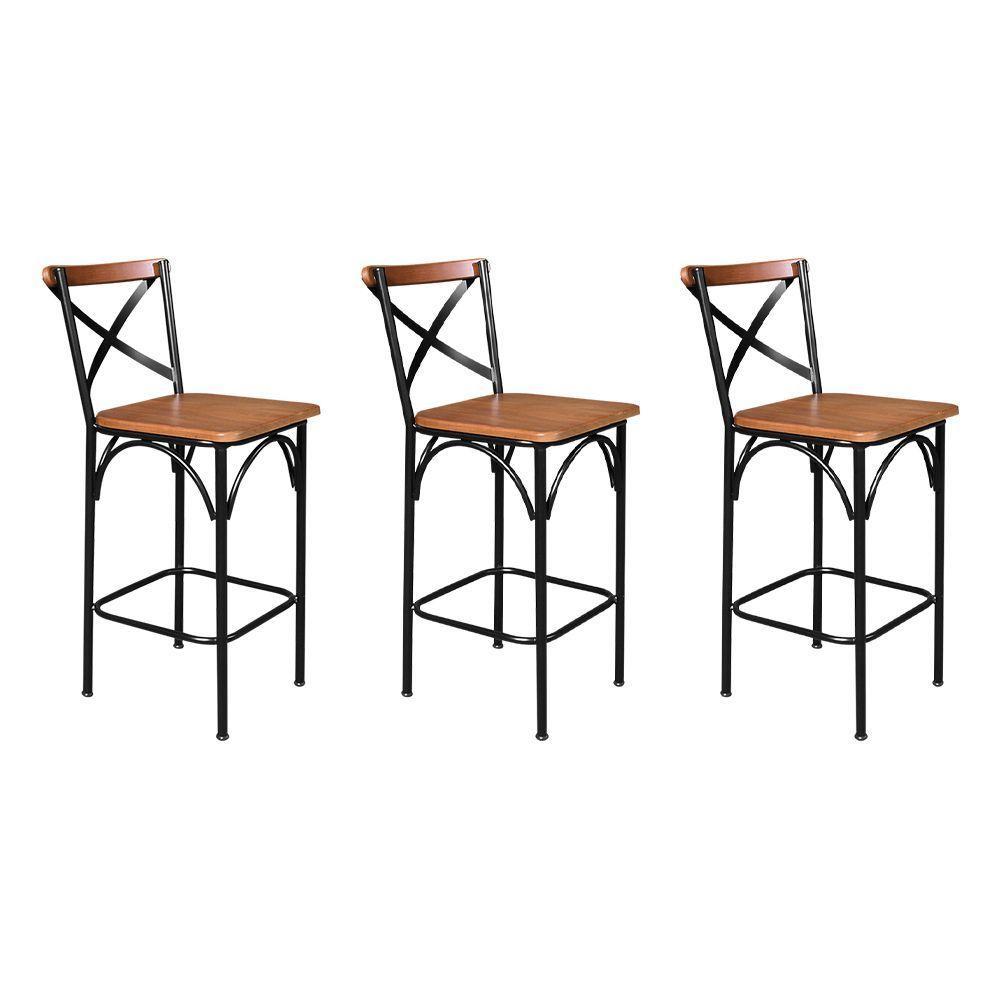 Kit 3 Banquetas Alta Industrial Paris Base Alumínio Com Encosto - Castanho - Marrom - 1
