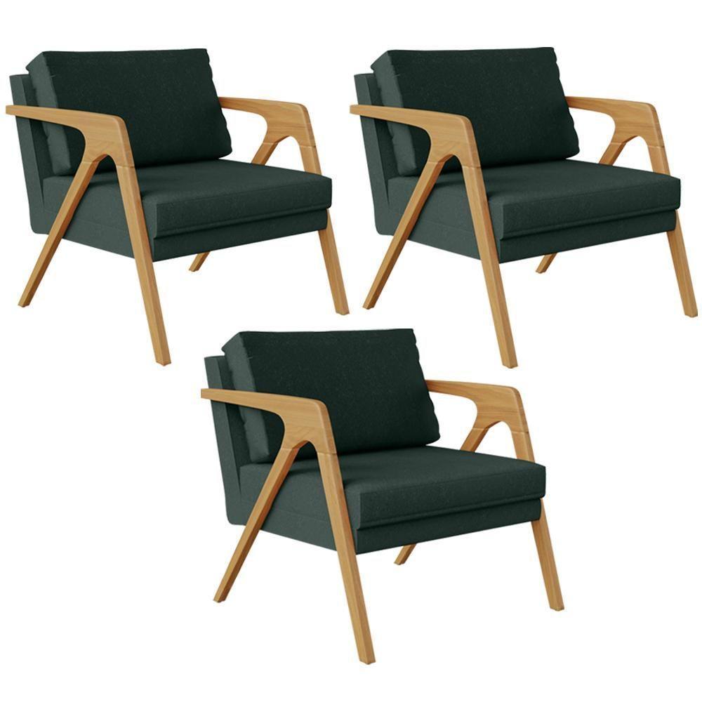 Kit 03 Poltronas Pietra Estrutura L02 Linho Verde Musgo - 1