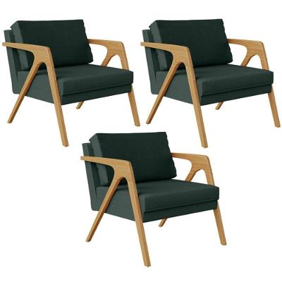 Kit 3 Poltronas Pietra Estrutura L02 Linho Verde Lyam Decor