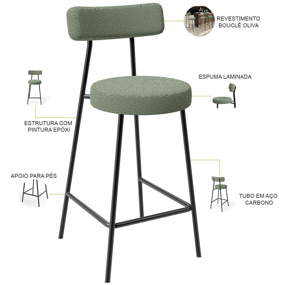 Kit 03 Banquetas Baixa Para Cozinha Sala De Jantar Bar Bancada Milão L02 Bouclê Oliva - 6