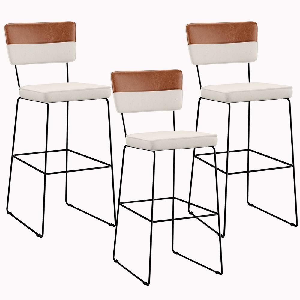 Kit 03 Banquetas Altas Faixa Camel Linho Cru - 1