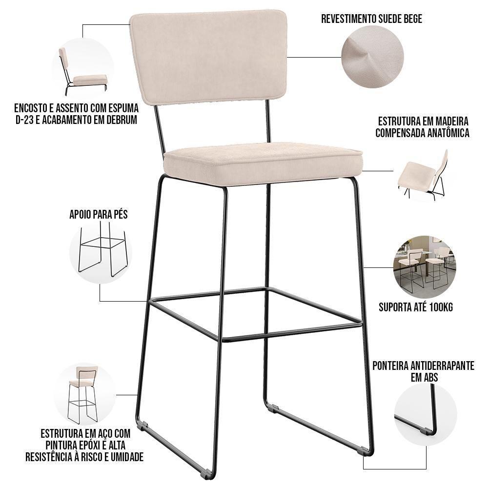 Kit 06 Banquetas Alta Para Cozinha Sala De Jantar Base Em Aço Allana L02 Suede Bege - 7