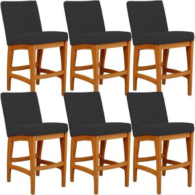 Kit 06 Banquetas Baixa Mila L02 Assento Tecido Base Fixa com Encosto Preto para Cozinha