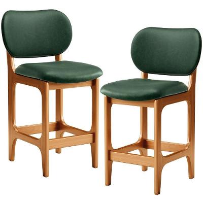 Kit 2 Banquetas Baixa Betta L02 Assento Courino Base Fixa com Encosto Imbuia Verde Musgo