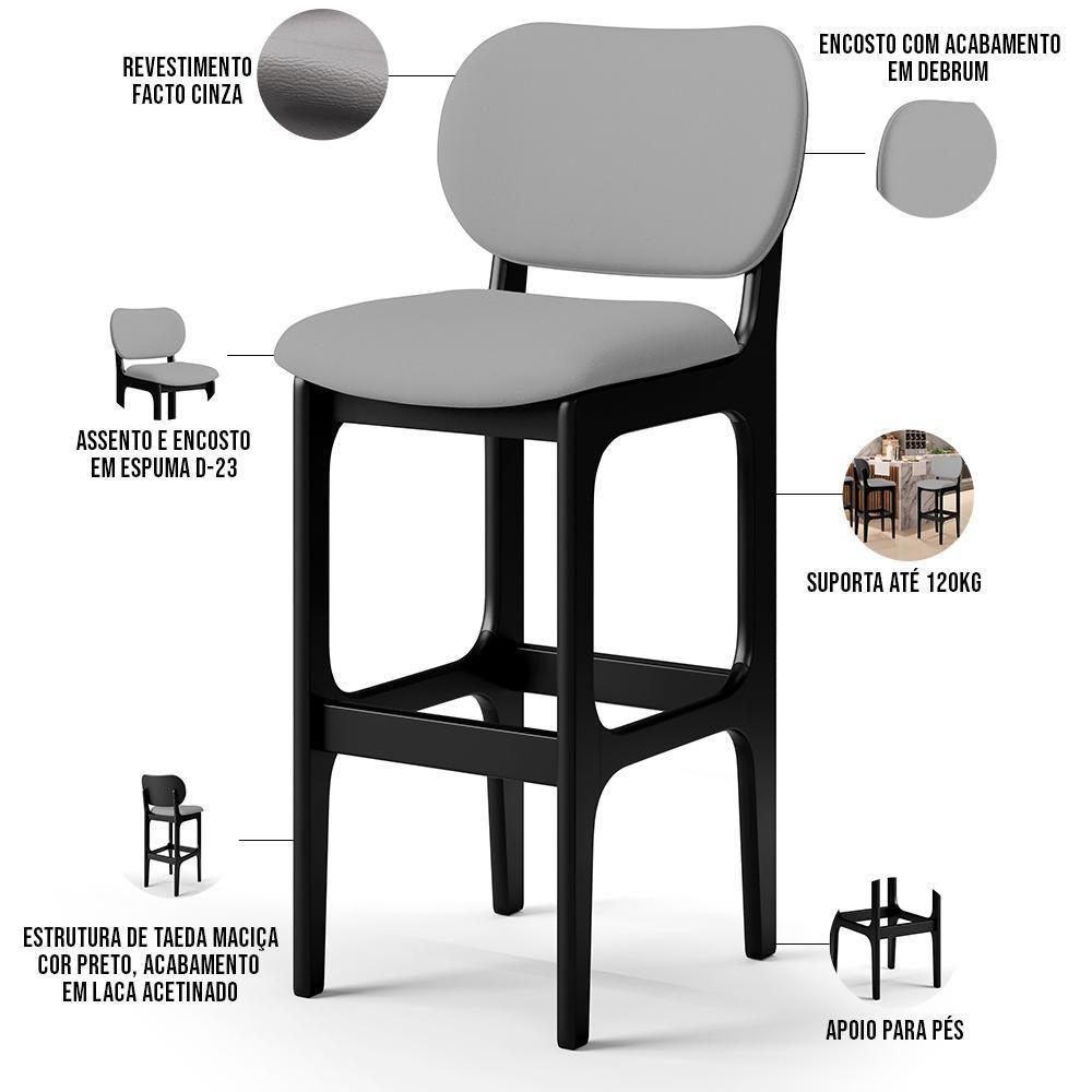 Kit 06 Banquetas Alta Para Cozinha Madeira Fixa Betta L02 Preto Facto Cinza - 6