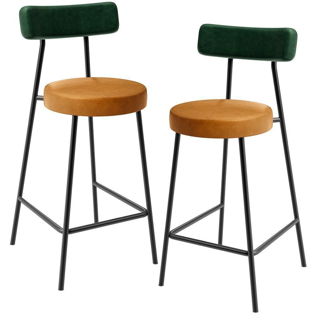 Kit 02 Banquetas Baixa Cozinha Sala Jantar Bancada Milão L02 Facto Verde Couríssimo Whisky - 1