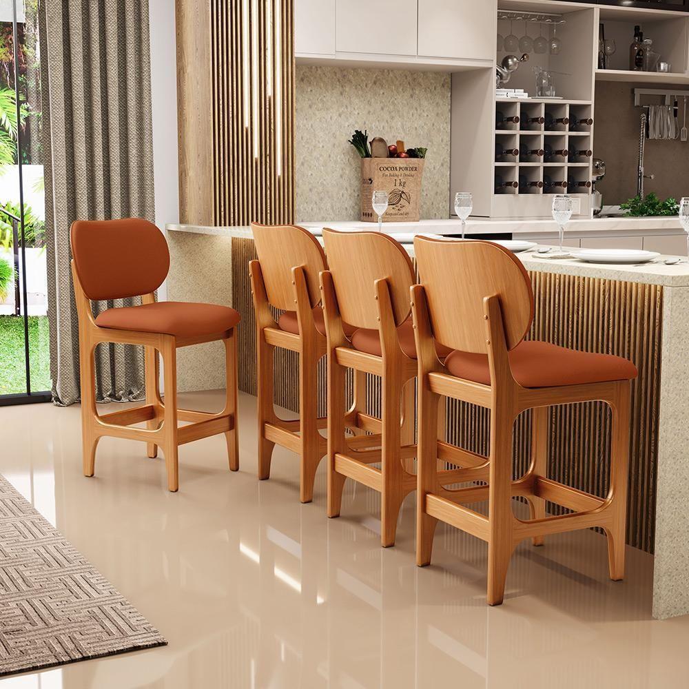 Kit 04 Banquetas Baixa Bar Cozinha E Sala De Jantar Fixa Betta L02 Imbuia Tecido Terracota - 8