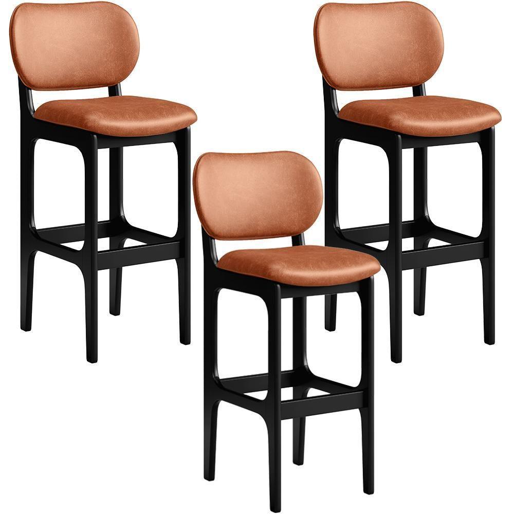 Kit 03 Banquetas Alta Para Cozinha Madeira Fixa Betta L02 Preto Couríssimo Camel - 1