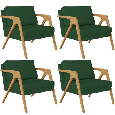 Kit 04 Poltronas Sala Pietra Estrutura L02 Suede Verde Musgo